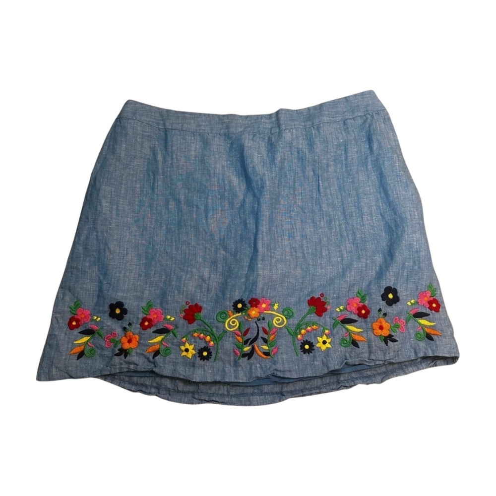 Talbots Plus Petite 20WP Blue‎ Linen Cotton Floral Embroidered Skirt